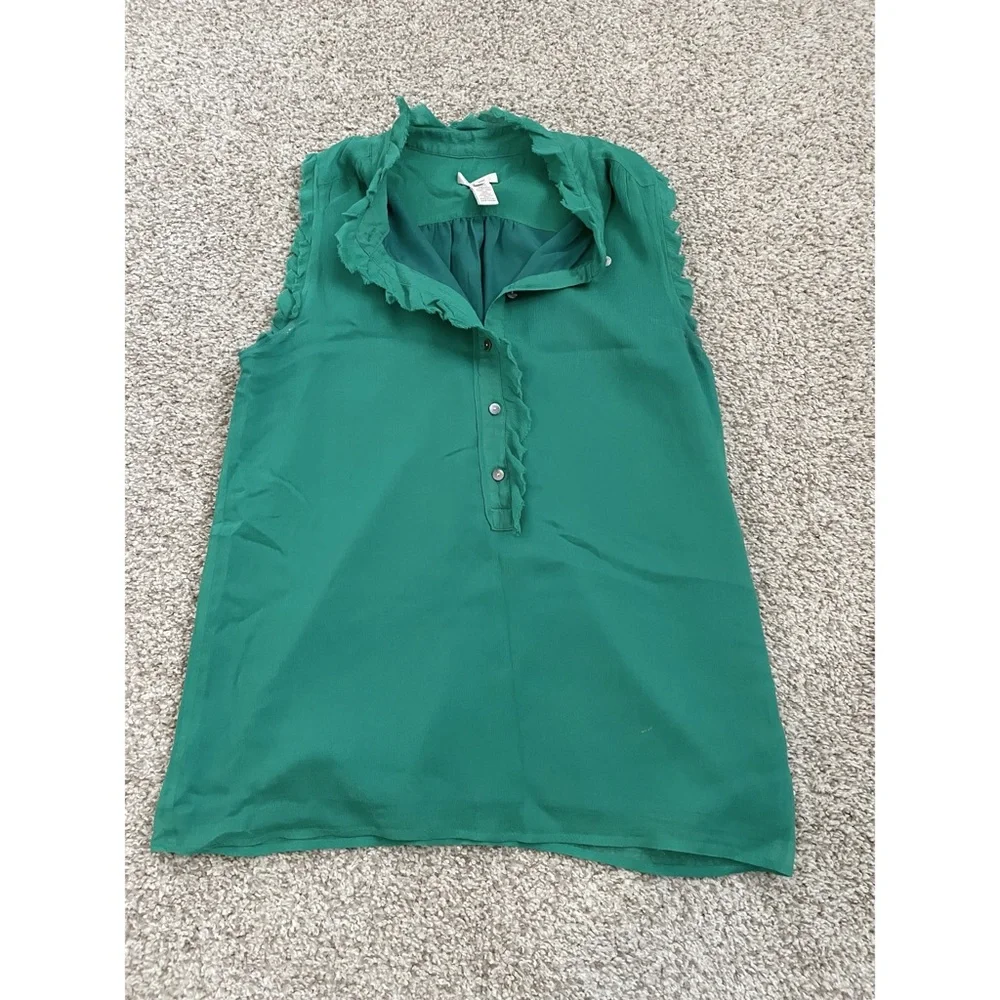 J. Crew Green Ruffle Collar Sleeveless Blouse